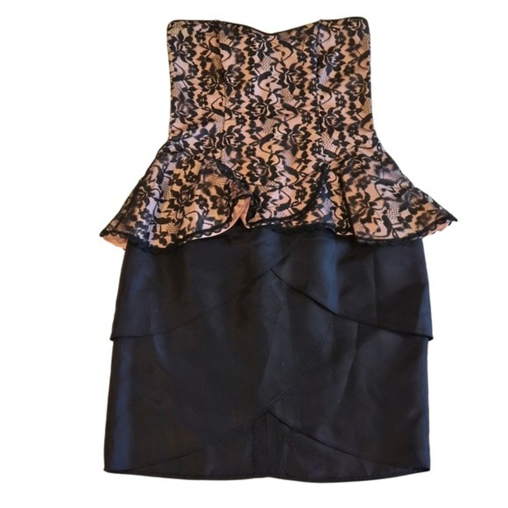 Vintage Gunne Sax Jessica McClintock Black Lace Peplum Cocktail Dress Pink 5